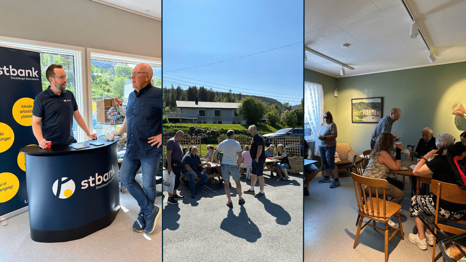 Bilde til venstre: Aslak og Idar. Bilde i midten: fra sittegruppen ute. Bilde til høyre: fra sittekroken inne.