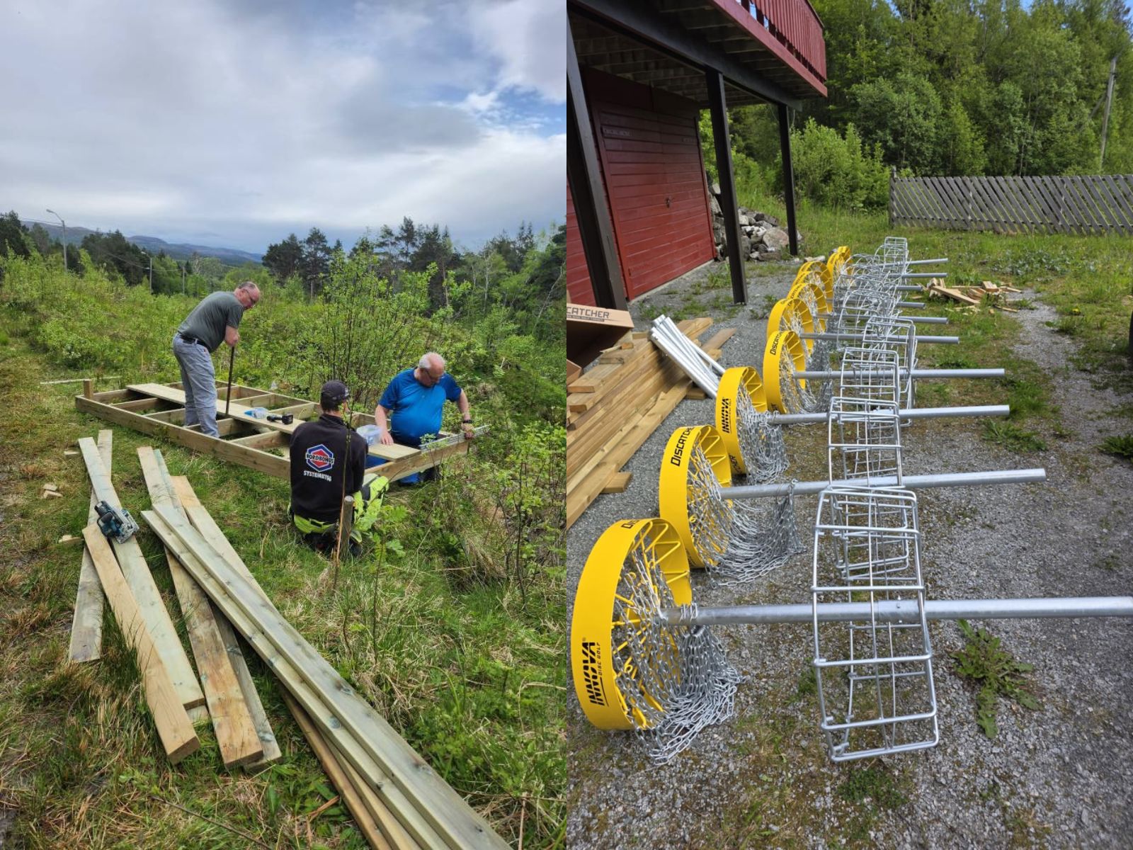 Bilder fra bygging av frisbeegolfbane i Fevågskaret av Fevåg IL og Hasselvika IL.